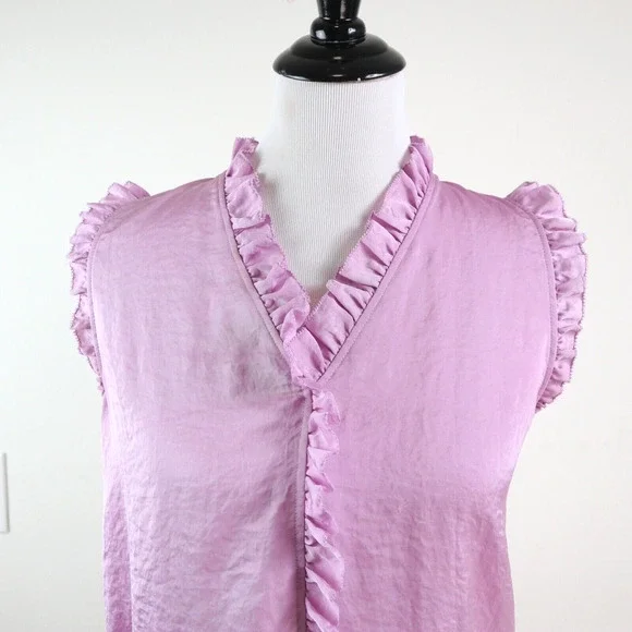Ann Taylor Size XS Ruffle Front Shell Blouse Sleeveless V Neck Pink - Picture 8 of 10